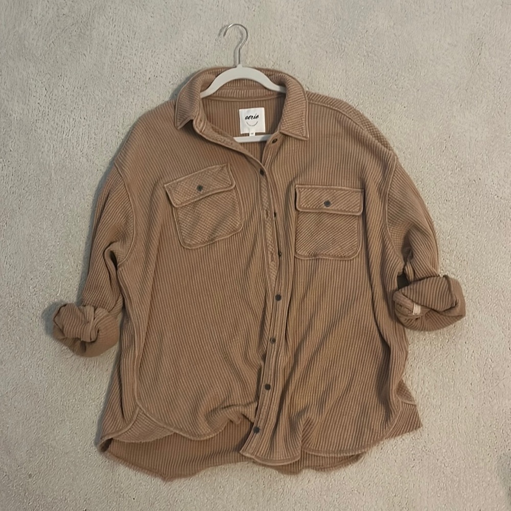 Aerie waffle cut button up in tan